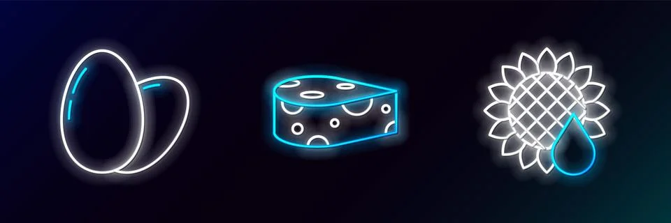 Set line Sunflower, Chicken egg and Cheese icon. Glowing neon. Vector Stock Illustration