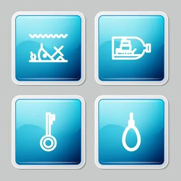 Set line Sunken ship, Bottle with inside, Pirate key and Gallows rope loop ha Stock Illustration