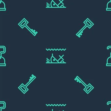 Set line Sunken ship, Pirate key and hook on seamless pattern. Vector Stock Illustration