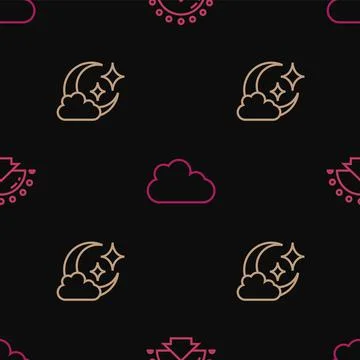 Set line Sunrise, Cloud with moon and on seamless pattern. Vector Stockillustratie