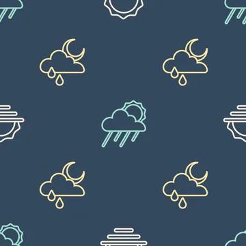 Set line Sunrise, Cloud with rain and moon and sun on seamless pattern. Vector Stock Illustration