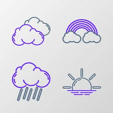 Set line Sunrise, Cloud with rain, Rainbow clouds and  icon. Vector Stock Illustration