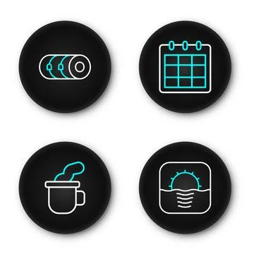 Set line Sunrise, Cup of tea, Calendar and Blanket roll icon. Vector Stock Illustration