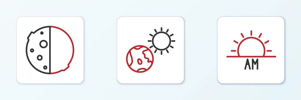 Set line Sunrise, Eclipse of the sun and Earth globe and icon. Vector Ilustração Stock