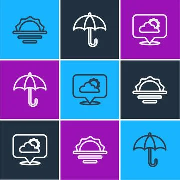 Set line Sunrise, Location cloud and Umbrella icon. Vector Illustrazione stock