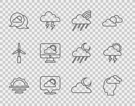 Set line Sunrise, Man having headache, Rainbow with cloud and rain, Locatio.. Stock Illustration