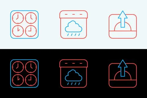 Set line Sunrise, Time zone clocks and Calendar autumn icon. Vector Stock Illustration