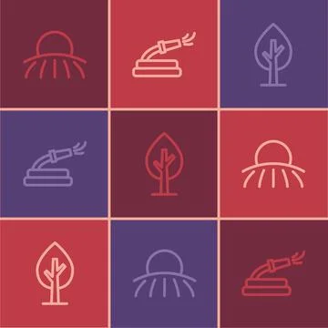 Set line Sunrise, Tree and Garden hose icon. Vector Stock Illustration