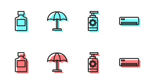 Set line Sunscreen spray bottle, Whiskey, protective umbrella and Air Stock Illustration