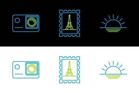 Set line Sunset, Action extreme camera and Postal stamp and Eiffel tower icon Stock Illustration