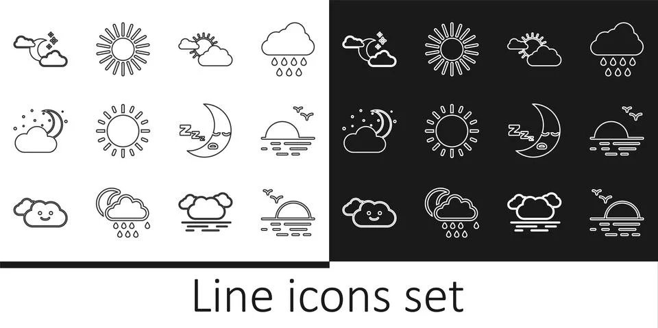Set line Sunset, and cloud weather, Cloud with moon stars, Moon icon and icon Illustrazione stock