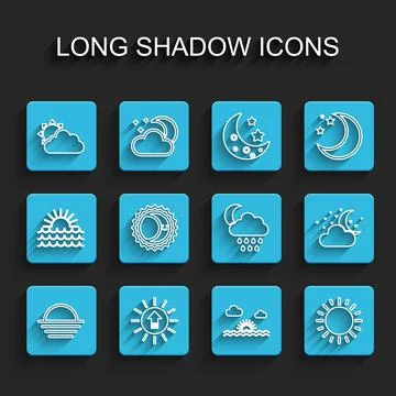 Set line Sunset, and cloud weather, Eclipse of sun, Cloud with moon stars and Ilustração Stock