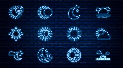 Set line Sunset, and cloud weather, Moon stars, Eclipse of sun, and icon. Vector Stock Illustration