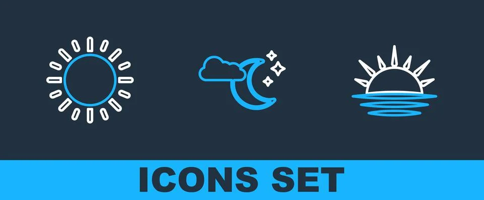 Set line Sunset, and Cloud with moon and stars icon. Vector Stock Illustration