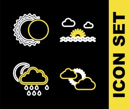 Set line Sunset, and cloud weather, Cloud with rain moon and Eclipse of sun icon Ilustração Stock