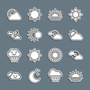 Set line Sunset, and cloud weather, Eclipse of sun, Cloud with moon stars, .. Stockillustratie