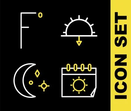 Set line Sunset, Calendar and sun, Moon stars and Fahrenheit icon. Vector Stock Illustration