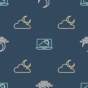 Set line Sunset, Cloud with moon and Weather forecast on seamless pattern Stock Illustration