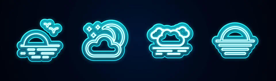 Set line Sunset, Cloud with moon and stars, and . Glowing neon icon. Vector 스톡 일러스트
