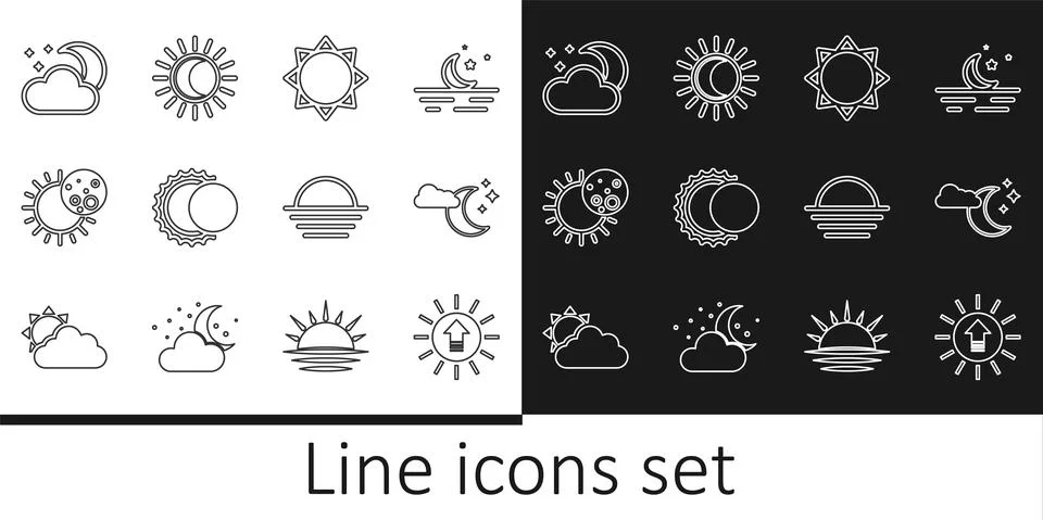 Set line Sunset, Cloud with moon and stars, Eclipse of the sun, and icon. Vector 스톡 일러스트