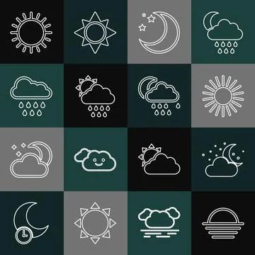 Set line Sunset, Cloud with moon and stars, Moon, rain sun, and icon. Vector Illustrazione stock
