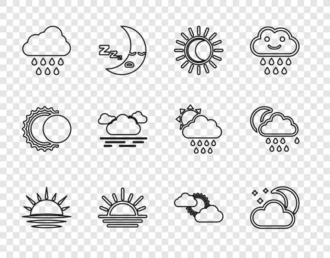 Set line Sunset, Cloud with moon and stars, Eclipse of the sun, rain, cloud Ilustração Stock