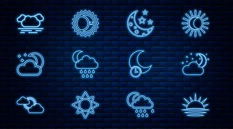 Set line Sunset, Cloud with moon and stars, Moon, rain, Sleeping and Eclipse of Ilustração Stock