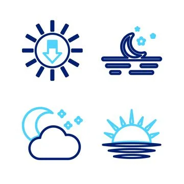 Set line Sunset, Cloud with moon and stars, Moon and  icon. Vector Illustrazione stock