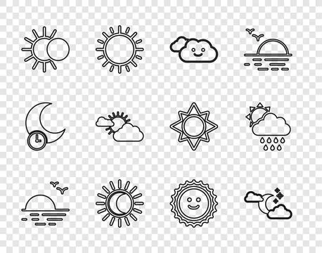 Set line Sunset, Cloud with moon and stars, Eclipse of the sun, cloud weather Ilustração Stock