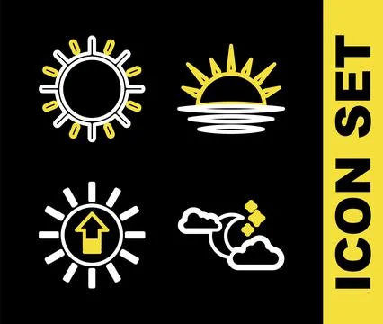 Set line Sunset, Cloud with moon and stars, and icon. Vector Illustrazione stock