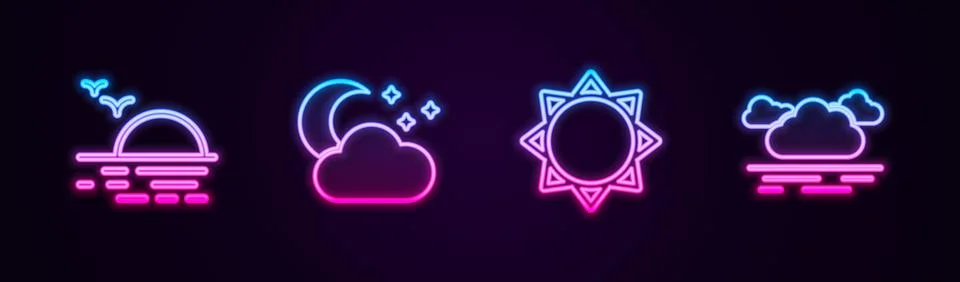 Set line Sunset, Cloud with moon and stars,  and . Glowing neon icon. Vector Stock Illustration