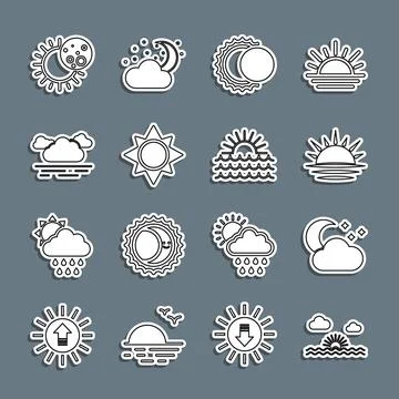 Set line Sunset, Cloud with moon and stars, Eclipse of the sun,  and  icon... 스톡 일러스트