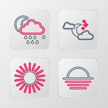 Set line Sunset, Cloud with moon and stars and rain icon. Vector Stock Illustration