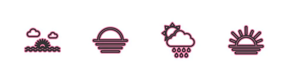 Set line Sunset, Cloud with rain and sun, and icon. Vector Illustrazione stock