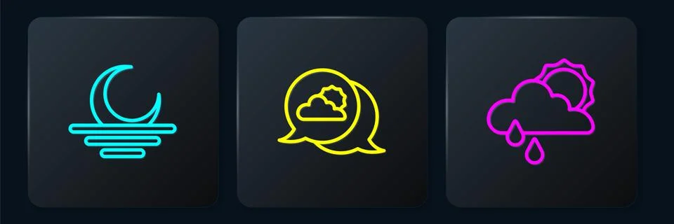 Set line Sunset, Cloud with rain and sun and Location cloud. Black square button Stock Illustration