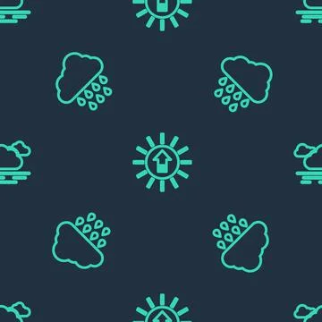 Set line Sunset, Cloud with rain and on seamless pattern. Vector Stockillustratie