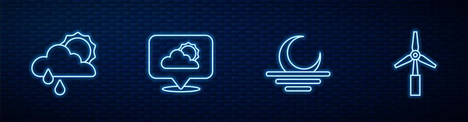 Set line Sunset, Cloud with rain and sun, Location cloud and Wind turbine Illustrazione stock