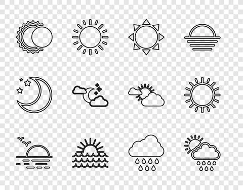 Set line Sunset, Cloud with rain and sun, Eclipse of the, moon stars, and icon Ilustração Stock