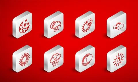 Set line Sunset, Cloud with rain and moon, Eclipse of the sun, cloud weather Ilustração Stock