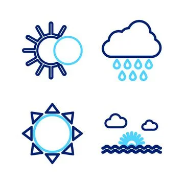 Set line Sunset, Cloud with rain and Eclipse of the sun icon. Vector Illustrazione stock