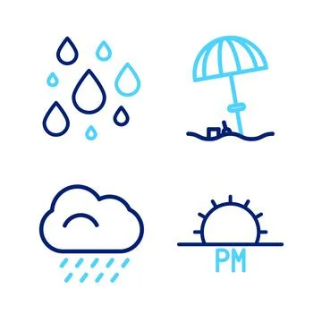 Set line Sunset, Cloud with rain, protective umbrella for beach and Water dro Stock Illustration