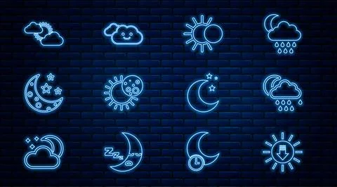 Set line Sunset, Cloud with rain and moon, Eclipse of the sun, Moon stars, cloud Ilustração Stock