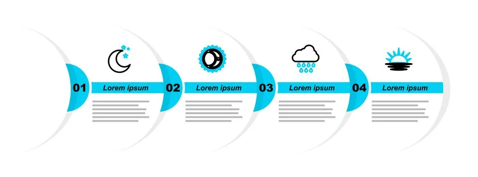 Set line Sunset, Cloud with rain, Eclipse of the sun and Moon and stars icon Illustrazione stock
