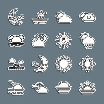 Set line Sunset, Cloud with rain and sun, cloud weather, moon stars, Moon i.. Ilustração Stock