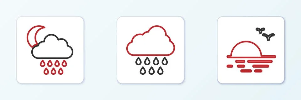 Set line Sunset, Cloud with rain and moon and  icon. Vector 스톡 일러스트