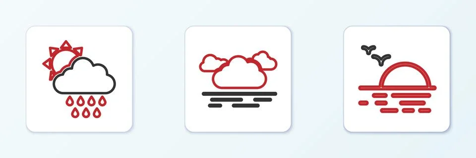 Set line Sunset, Cloud with rain and sun and  icon. Vector Stockillustratie
