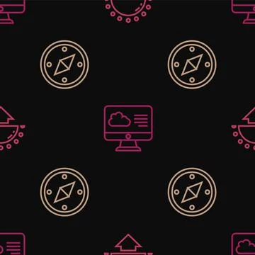 Set line Sunset, Compass and Weather forecast on seamless pattern. Vector Stock Illustration
