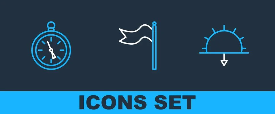 Set line Sunset, Compass and Meteorology windsock wind vane icon. Vector Stock Illustration