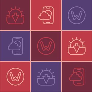 Set line Sunset, Compass north and Weather forecast app icon. Vector Stock Illustration