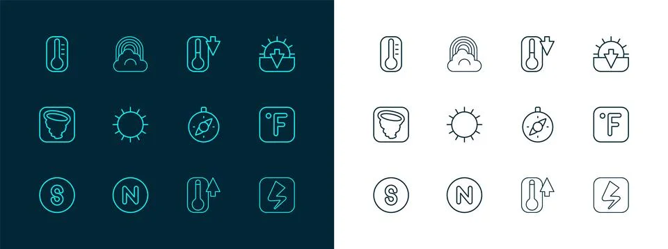 Set line Sunset, Compass north, Thermometer,  and Rainbow with cloud icon. .. Stock Illustration